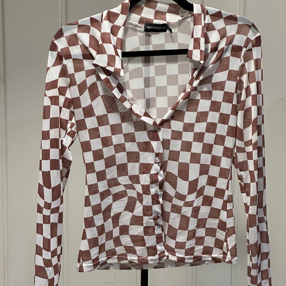 Sheer Mesh Brown and White Long Sleeve Top